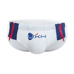 White Men’s Double Zipper Pouch Swim Briefs - pridevoyageshop.com - gay men’s sexy swim briefs, trunks, board shorts, and bikinis