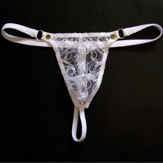White Men’s Lace Lockdown Snap Thong - pridevoyageshop.com - gay men’s thongs, boxers, briefs and jockstraps