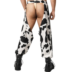 a sexy gay man in Wild Cow Print Open Chaps - Men's Activewear, gym short, sport shorts, running shorts- pridevoyageshop.com