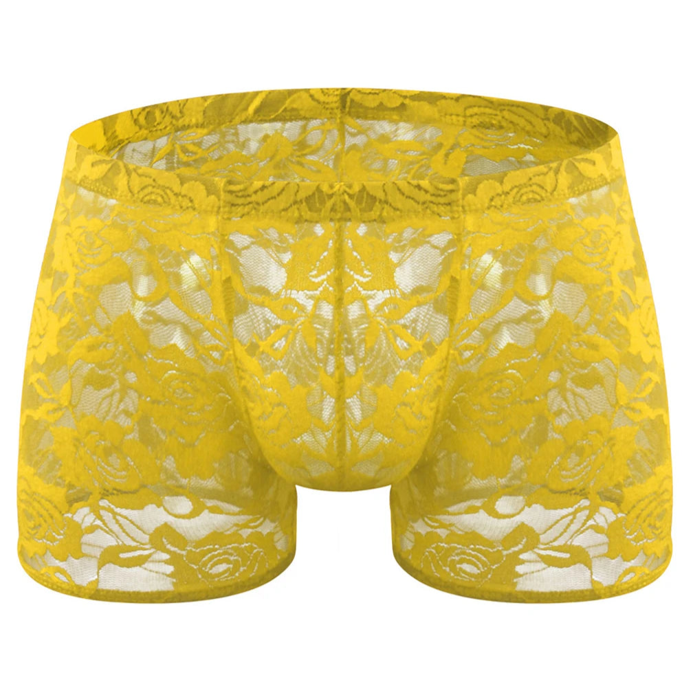 Yellow Men’s Floral Fetish Lace Boxers - pridevoyageshop.com - gay men’s thongs, boxers, briefs and jockstraps