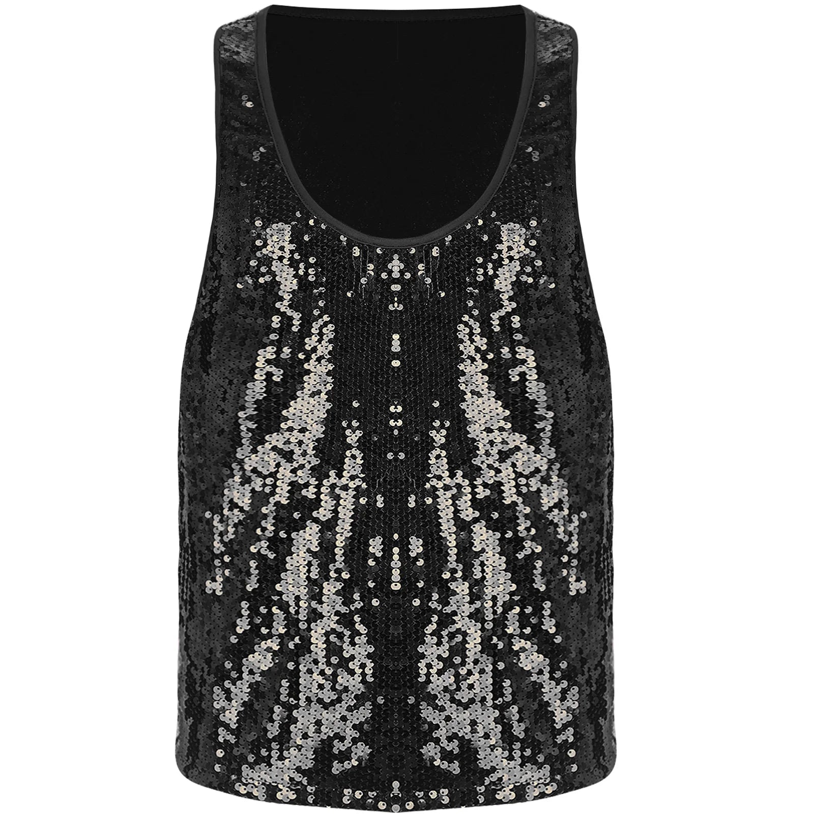 a flat lay of Black Bourbon Street Tease Deep Scoop Sequin Tank - pridevoyageshop.com - gay men's fashion, clubwear, party outfit
