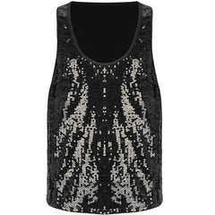 a flat lay of Black Bourbon Street Tease Deep Scoop Sequin Tank - pridevoyageshop.com - gay men's fashion, clubwear, party outfit
