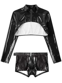 a flat lay of Black Cheer Captain Crotch-Zip Circuit Set - pridevoyageshop.com - gay men's fashion, clubwear, party outfit

