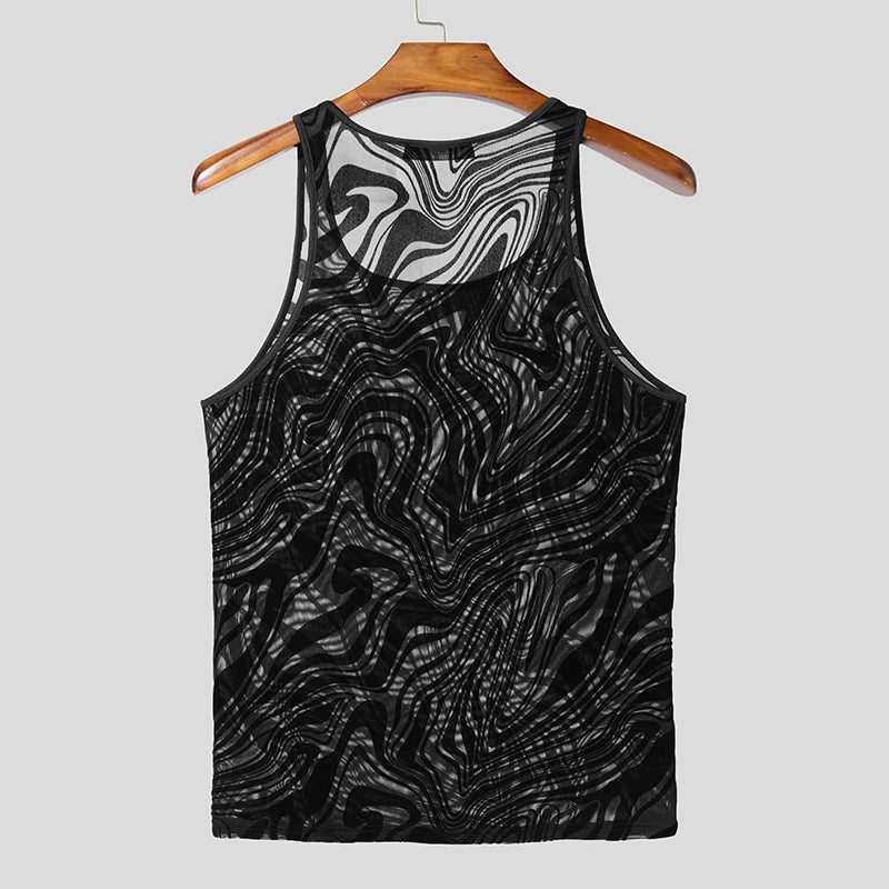 a flat lay of Black Disco Mirage Mesh Top - pridevoyageshop.com - gay men's fashion, clubwear, party outfit
