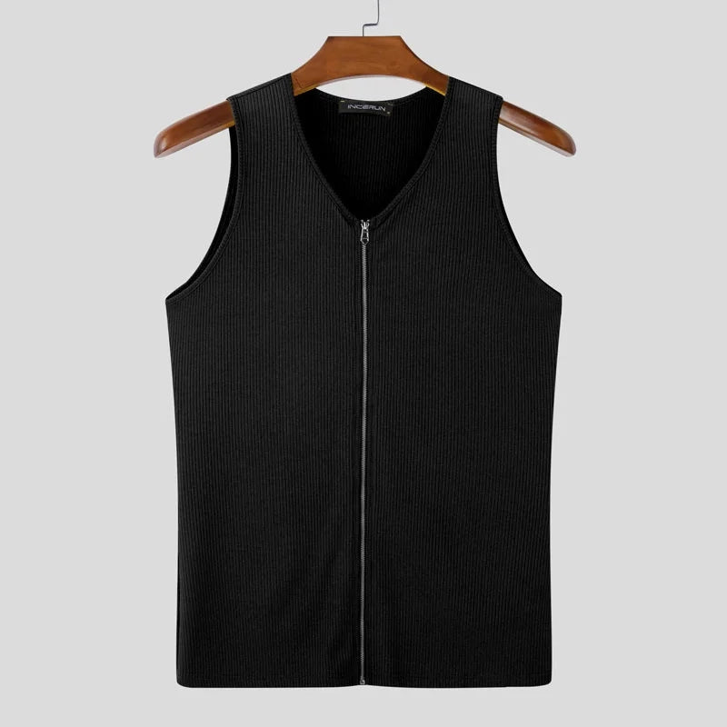 a flat lay of Black Door Unlocked Ribbed Zip Tank - pridevoyageshop.com - gay men's fashion, clubwear, party outfit
