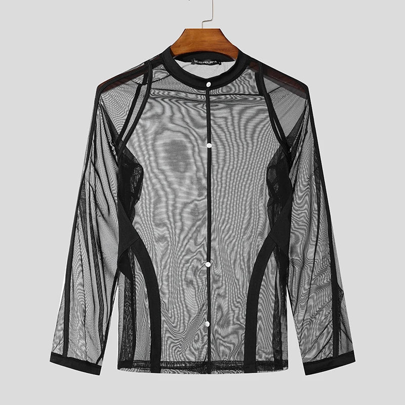 a flat lay of Black Flesh Show Sheer Mesh Long Sleeve Shirt - pridevoyageshop.com - gay men's fashion, clubwear, party outfit
