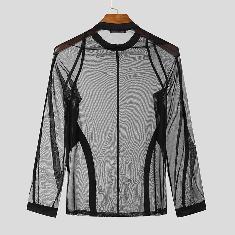 a flat lay of Black Flesh Show Sheer Mesh Long Sleeve Shirt - pridevoyageshop.com - gay men's fashion, clubwear, party outfit
