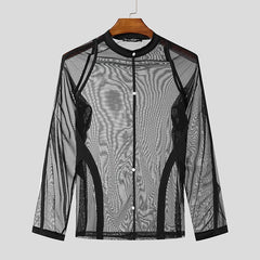 a flat lay of Black Flesh Show Sheer Mesh Long Sleeve Shirt - pridevoyageshop.com - gay men's fashion, clubwear, party outfit
