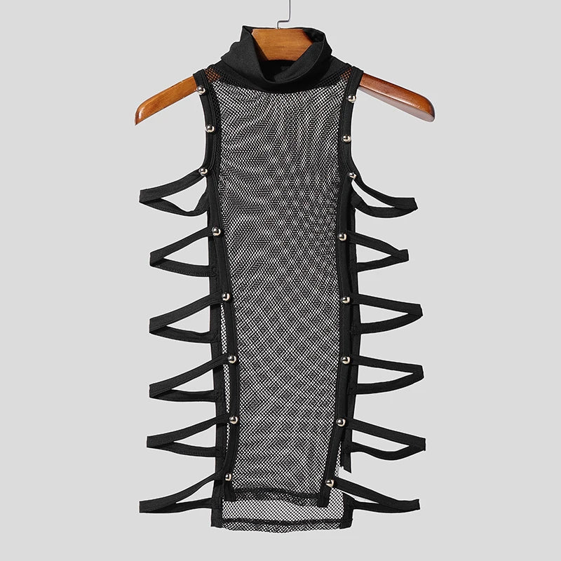 a flat lay of Black Folsom Fantasy Studded Mesh Harness Top - pridevoyageshop.com - gay men's harness, fetish gear, rave outfit
