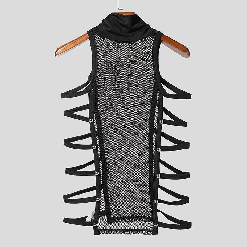 a flat lay of Black Folsom Fantasy Studded Mesh Harness Top - pridevoyageshop.com - gay men's harness, fetish gear, rave outfit
