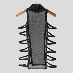 a flat lay of Black Folsom Fantasy Studded Mesh Harness Top - pridevoyageshop.com - gay men's harness, fetish gear, rave outfit
