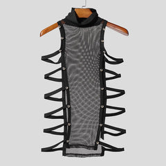 a flat lay of Black Folsom Fantasy Studded Mesh Harness Top - pridevoyageshop.com - gay men's harness, fetish gear, rave outfit
