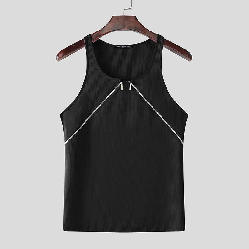 a flat lay of Black Market Days Zip Detail Ribbed Tank - pridevoyageshop.com - gay men's fashion, clubwear, party outfit
