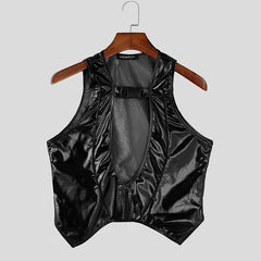 a flat lay of Black Men’s Bubblegum Shiny Cutout Vest - pridevoyageshop.com - gay men's harness, fetish gear, rave outfit
