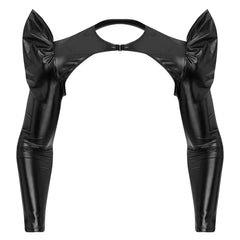 a flat lay of Black Pop Rocket Metallic Shiny Crop Top - pridevoyageshop.com - gay men's fashion, clubwear, party outfit
