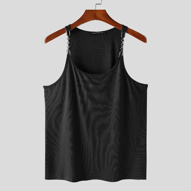 a flat lay of Black Pull Me Closer Chain Strap Tank - pridevoyageshop.com - gay men's fashion, clubwear, party outfit
