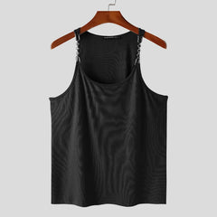 a flat lay of Black Pull Me Closer Chain Strap Tank - pridevoyageshop.com - gay men's fashion, clubwear, party outfit
