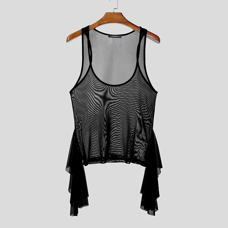 a flat lay of Black Runway Wing Sheer Tank - pridevoyageshop.com - gay men's fashion, clubwear, party outfit
