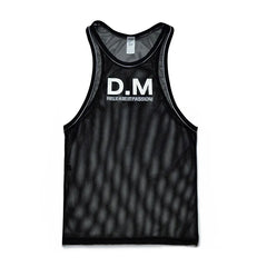 a flat lay of Black The DM Is Open Mesh Tank - pridevoyageshop.com - gay men's fashion, clubwear, party outfit
