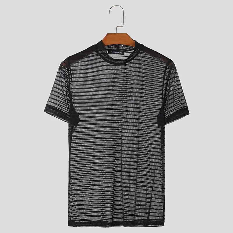 a flat lay of Black The TV Is On Shirt Stripe Mesh Tee - pridevoyageshop.com - gay men's fashion, clubwear, party outfit
