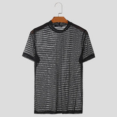 a flat lay of Black The TV Is On Shirt Stripe Mesh Tee - pridevoyageshop.com - gay men's fashion, clubwear, party outfit
