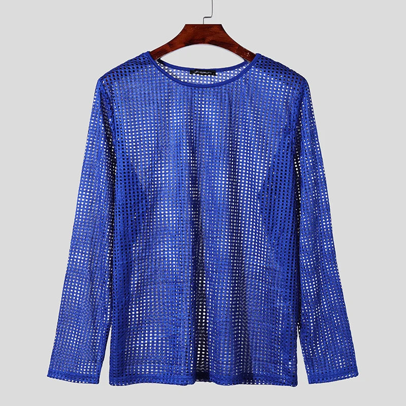 a flat lay of Blue Hook Fishnet Long Sleeve Top - pridevoyageshop.com - gay men's fashion, clubwear, party outfit
