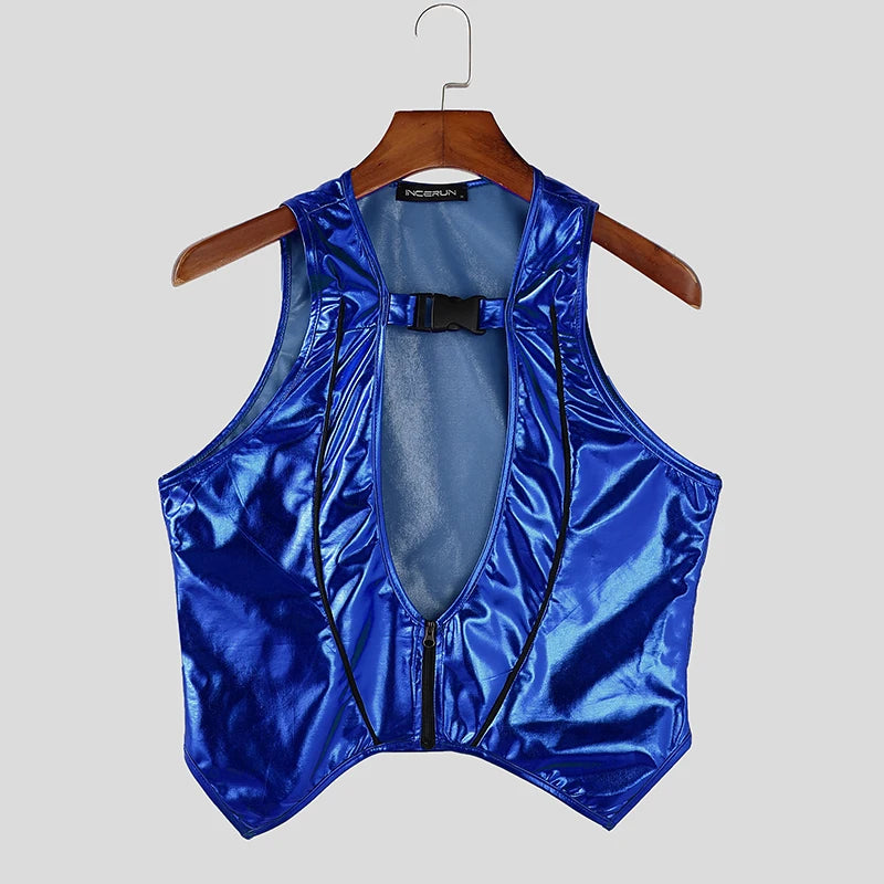 a flat lay of Blue Men’s Bubblegum Shiny Cutout Vest - pridevoyageshop.com - gay men's harness, fetish gear, rave outfit
