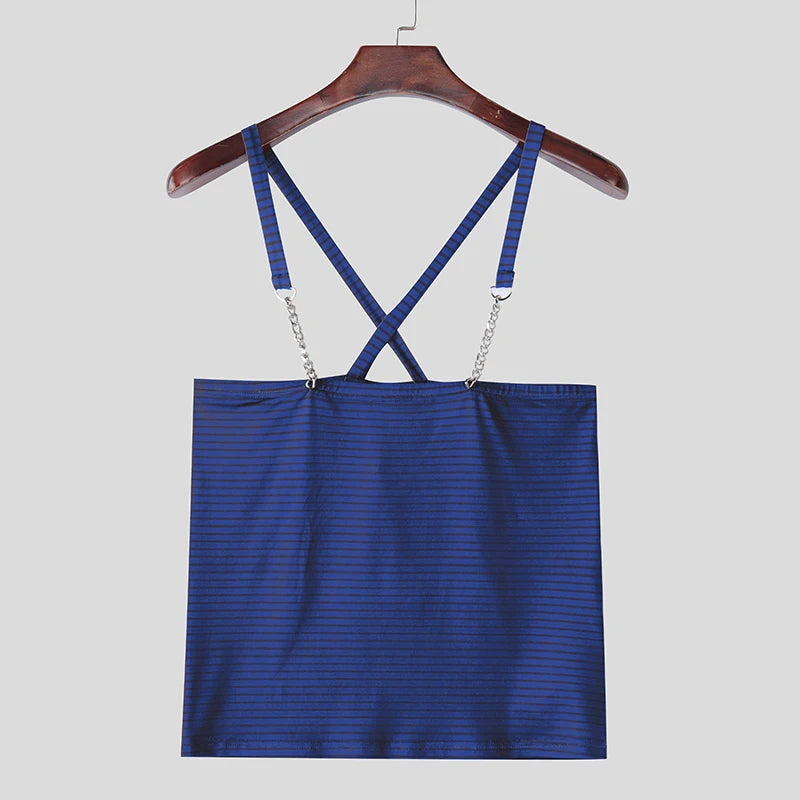a flat lay of Blue Pecs Pass Striped Chain-Strap Halter - pridevoyageshop.com - gay men's fashion, clubwear, party outfit
