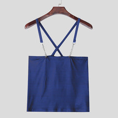 a flat lay of Blue Pecs Pass Striped Chain-Strap Halter - pridevoyageshop.com - gay men's fashion, clubwear, party outfit
