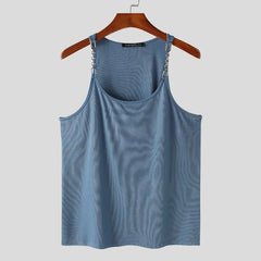 a flat lay of Blue Pull Me Closer Chain Strap Tank - pridevoyageshop.com - gay men's fashion, clubwear, party outfit

