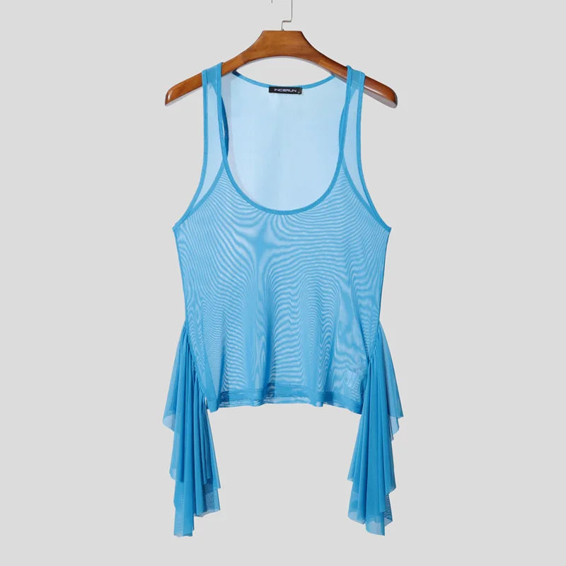 a flat lay of Blue Runway Wing Sheer Tank - pridevoyageshop.com - gay men's fashion, clubwear, party outfit
