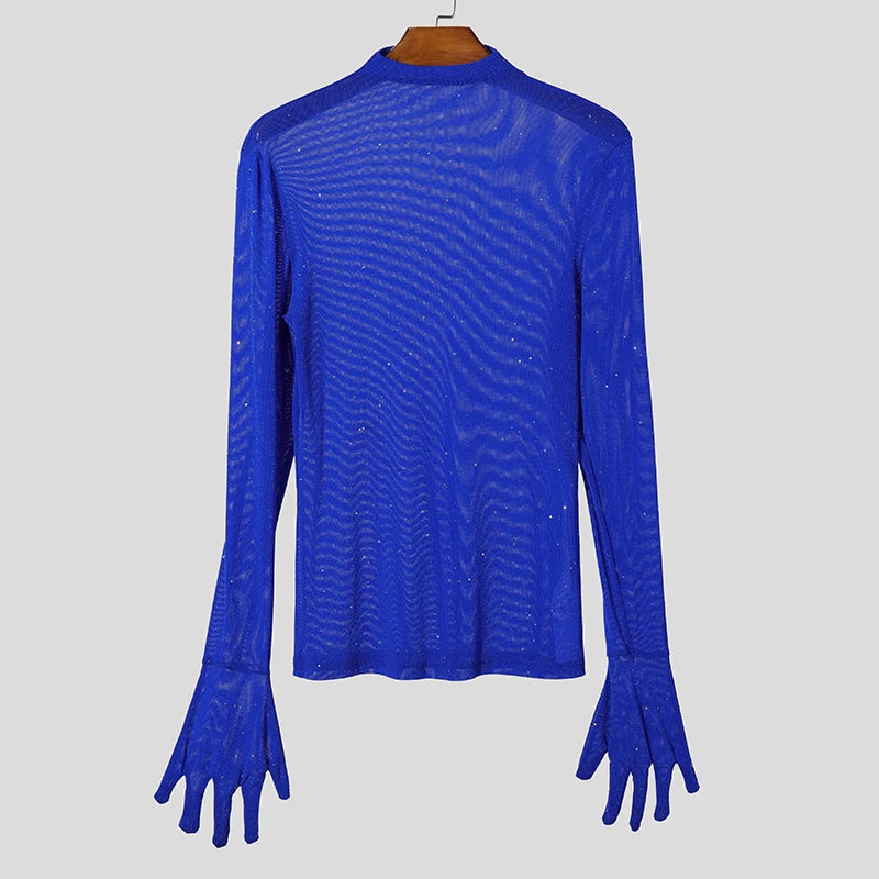 a flat lay of Blue The Center of the Universe Rhinestone Mesh Top - pridevoyageshop.com - gay men's fashion, clubwear, party outfit
