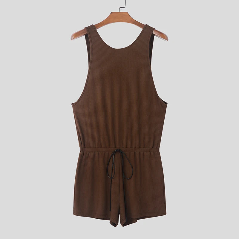 a flat lay of Brown Late Checkout Ribbed Romper - pridevoyageshop.com - gay men's fashion, clubwear, party outfit
