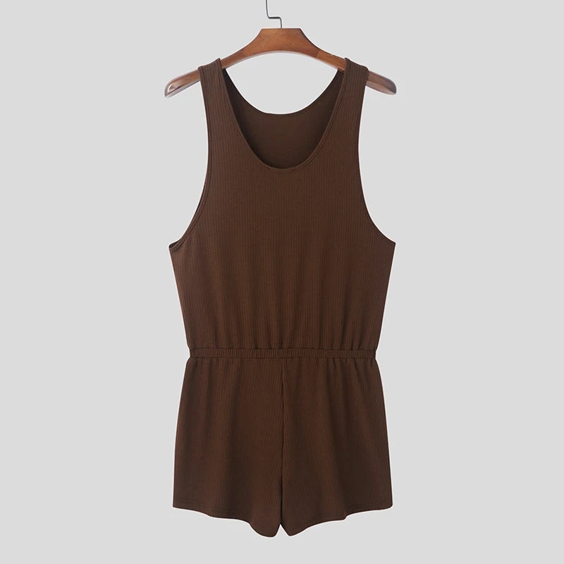 a flat lay of Brown Late Checkout Ribbed Romper - pridevoyageshop.com - gay men's fashion, clubwear, party outfit
