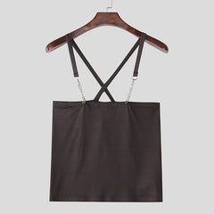 a flat lay of Brown Pecs Pass Striped Chain-Strap Halter - pridevoyageshop.com - gay men's fashion, clubwear, party outfit
