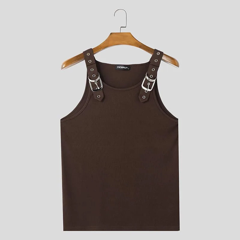 a flat lay of Brown Warehouse Code Harness Top - pridevoyageshop.com - gay men's harness, fetish gear, rave outfit
