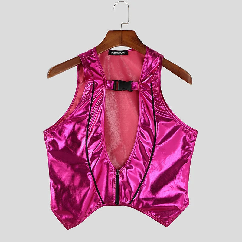 a flat lay of Dark Pink Men’s Bubblegum Shiny Cutout Vest - pridevoyageshop.com - gay men's harness, fetish gear, rave outfit
