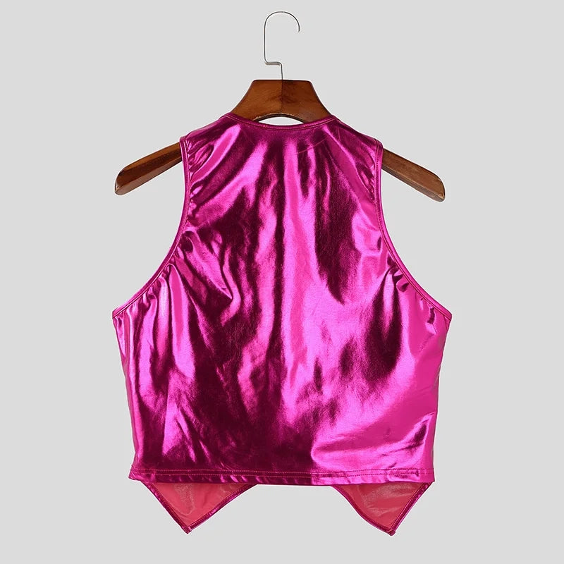 a flat lay of Dark Pink Men’s Bubblegum Shiny Cutout Vest - pridevoyageshop.com - gay men's harness, fetish gear, rave outfit
