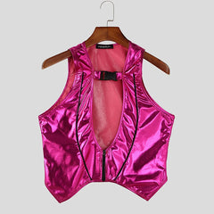 a flat lay of Dark Pink Men’s Bubblegum Shiny Cutout Vest - pridevoyageshop.com - gay men's harness, fetish gear, rave outfit

