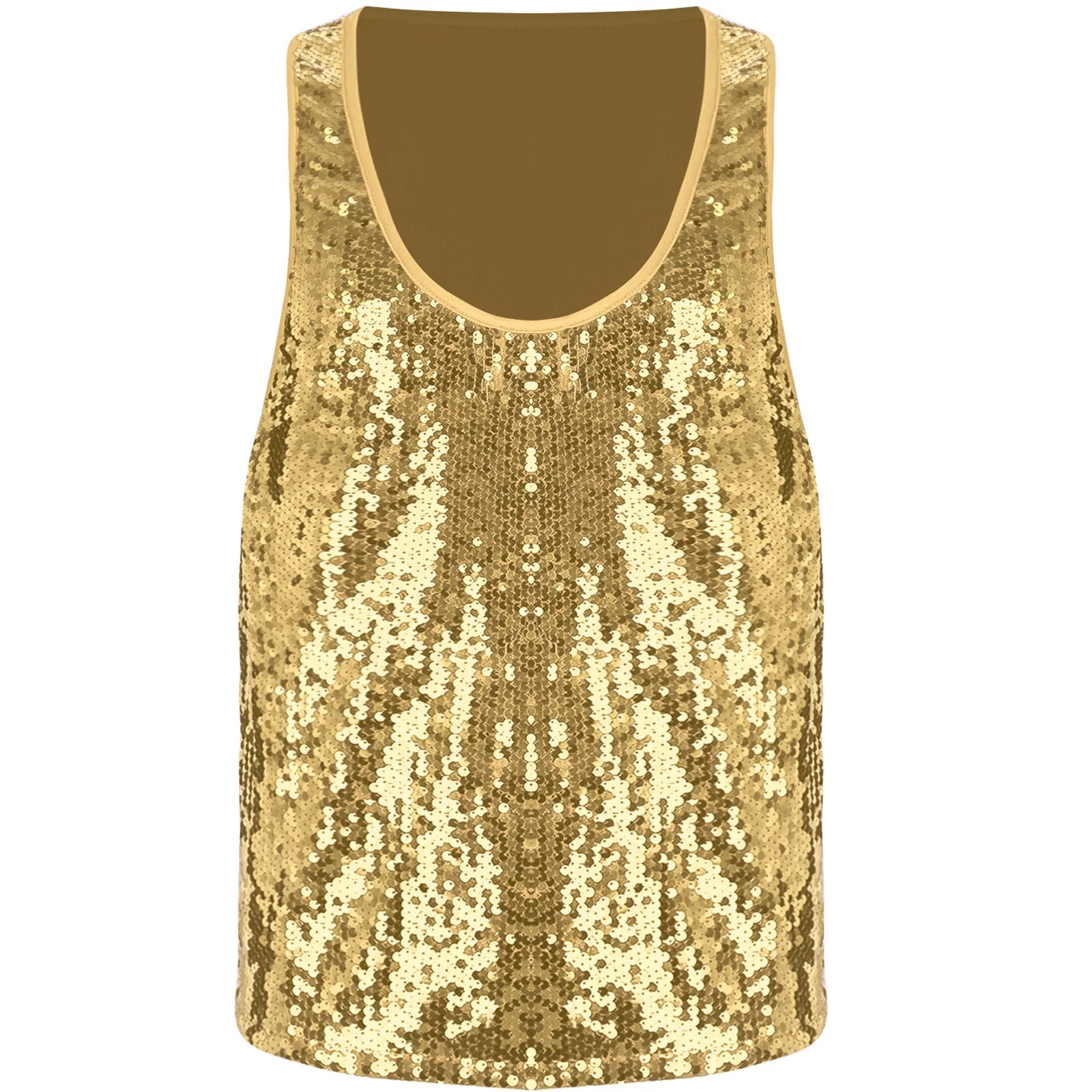 a flat lay of Gold Bourbon Street Tease Deep Scoop Sequin Tank - pridevoyageshop.com - gay men's fashion, clubwear, party outfit
