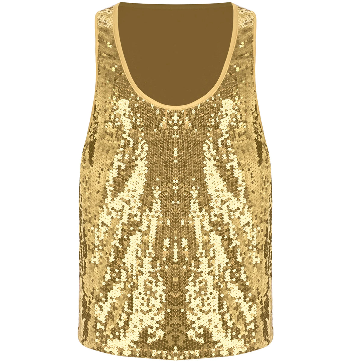a flat lay of Gold Bourbon Street Tease Deep Scoop Sequin Tank - pridevoyageshop.com - gay men's fashion, clubwear, party outfit
