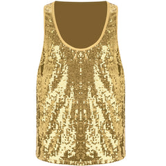 a flat lay of Gold Bourbon Street Tease Deep Scoop Sequin Tank - pridevoyageshop.com - gay men's fashion, clubwear, party outfit

