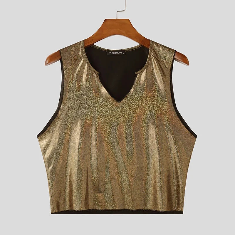 a flat lay of Gold Midnight Lamé Metallic V-Crop - pridevoyageshop.com - gay men's fashion, clubwear, party outfit
