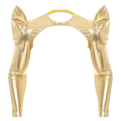 a flat lay of Gold Pop Rocket Metallic Shiny Crop Top - pridevoyageshop.com - gay men's fashion, clubwear, party outfit
