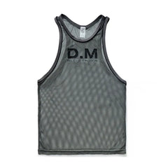 a flat lay of Gray The DM Is Open Mesh Tank - pridevoyageshop.com - gay men's fashion, clubwear, party outfit
