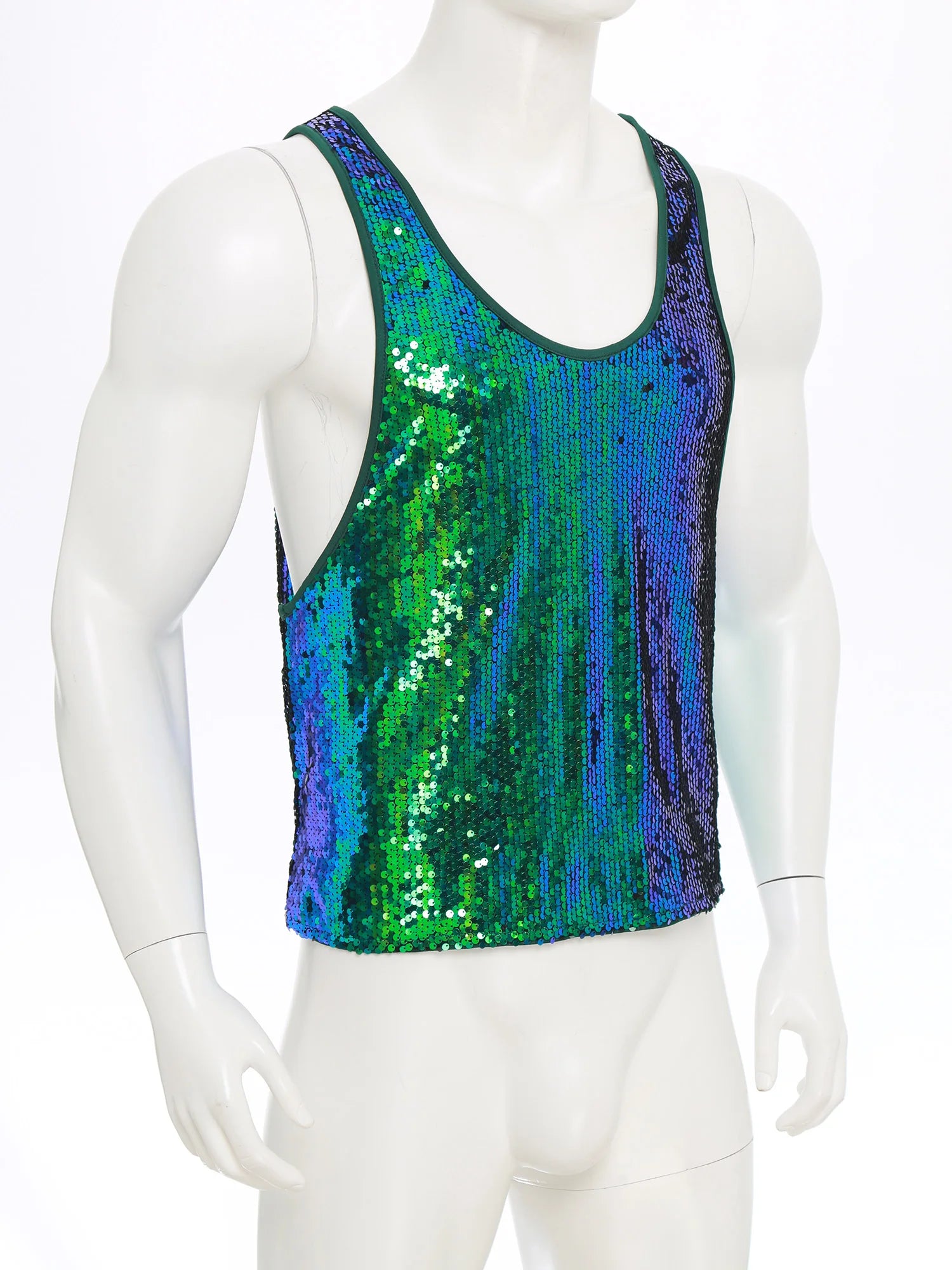 a flat lay of Green Bourbon Street Tease Deep Scoop Sequin Tank - pridevoyageshop.com - gay men's fashion, clubwear, party outfit

