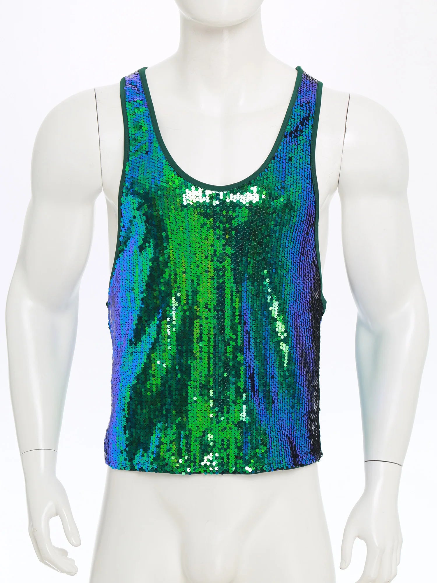 a flat lay of Green Bourbon Street Tease Deep Scoop Sequin Tank - pridevoyageshop.com - gay men's fashion, clubwear, party outfit
