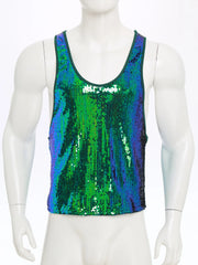 a flat lay of Green Bourbon Street Tease Deep Scoop Sequin Tank - pridevoyageshop.com - gay men's fashion, clubwear, party outfit
