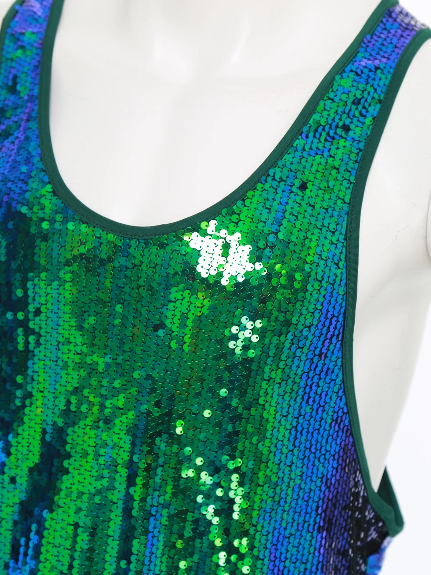 a flat lay of Green Bourbon Street Tease Deep Scoop Sequin Tank - pridevoyageshop.com - gay men's fashion, clubwear, party outfit
