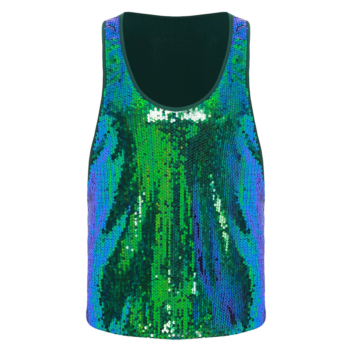 a flat lay of Green Bourbon Street Tease Deep Scoop Sequin Tank - pridevoyageshop.com - gay men's fashion, clubwear, party outfit
